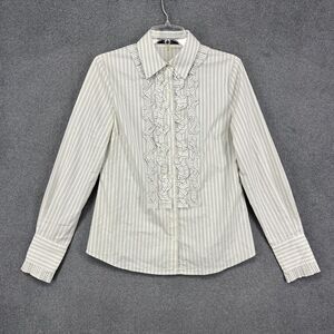 Elie Tahari Bloomingdale's Shirt Womens Medium White Gray Stripe Ruffle Blouse‎